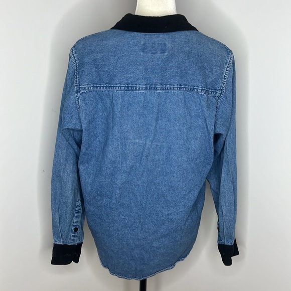 Vintage 90s Country Store Faux Suede Trim Button Up Collard Chessy Cotton Blouse - Picture 7 of 12